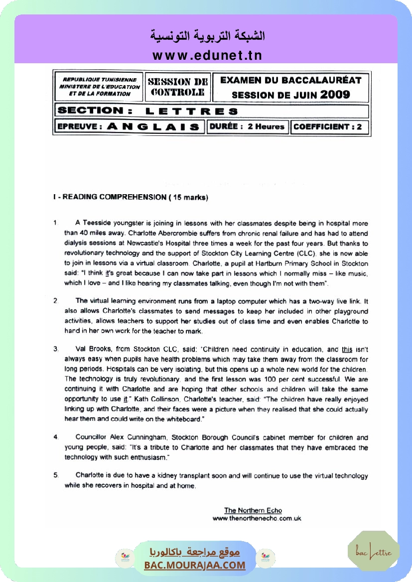 Sujet controle anglais Bac 2009 – Section lettre